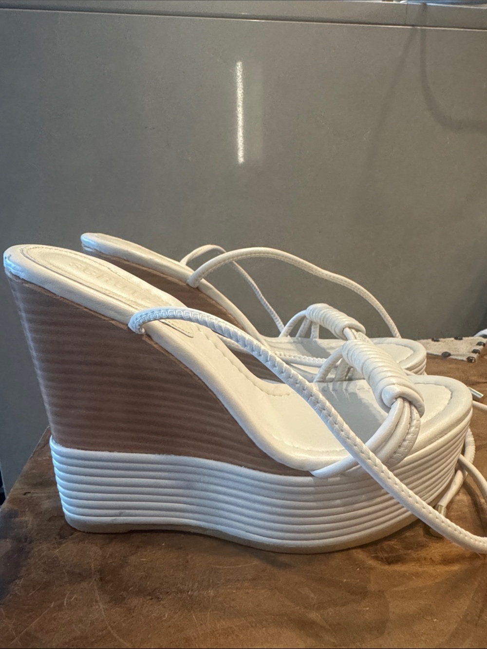 SCHUTZ White Strappy Rope Wedge Sandals